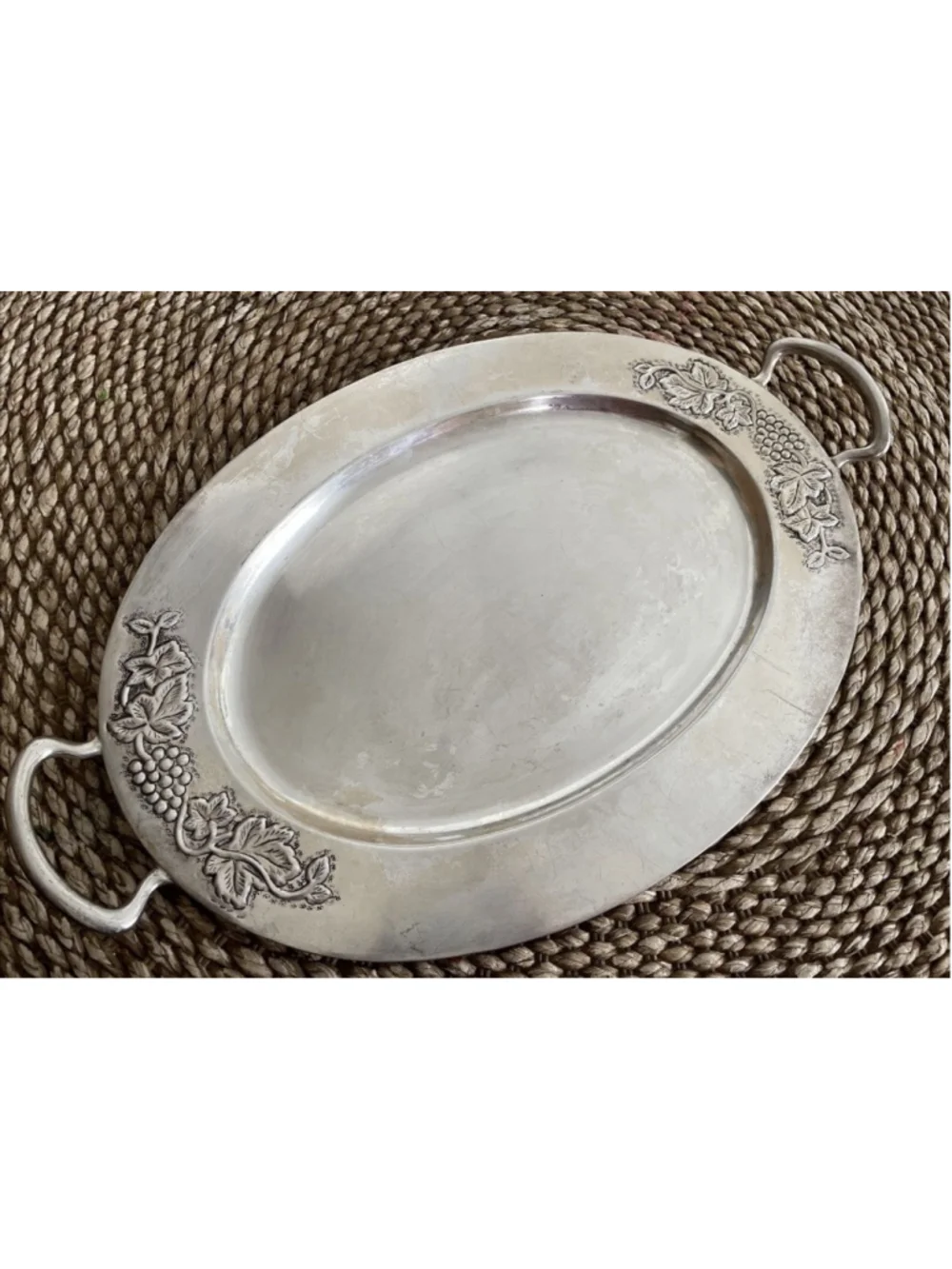 Pottery Barn Vineyard Collection Oval Silver Tone Tray Platter Grapevine Handles